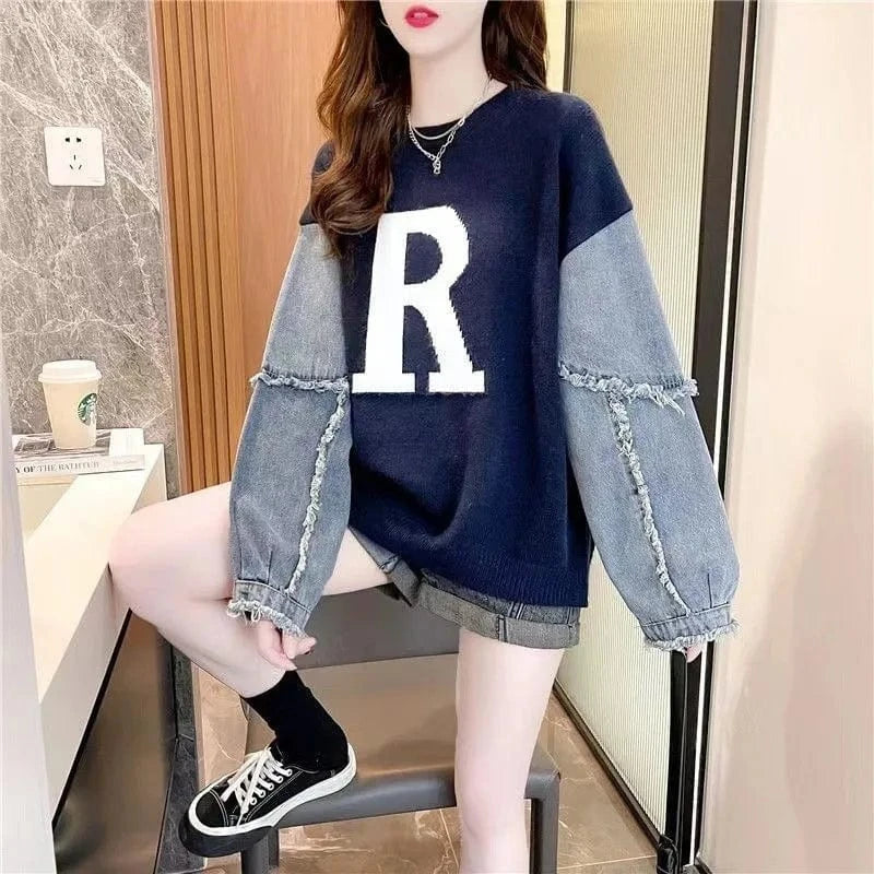 2024 Autumn/Winter best-selling high-quality girls' crew-neck loose denim sleeves English jacquard knit pullover sweater