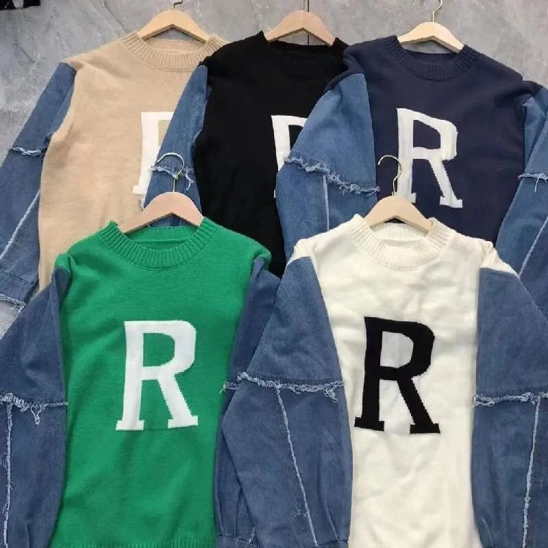 2024 Autumn/Winter best-selling high-quality girls' crew-neck loose denim sleeves English jacquard knit pullover sweater