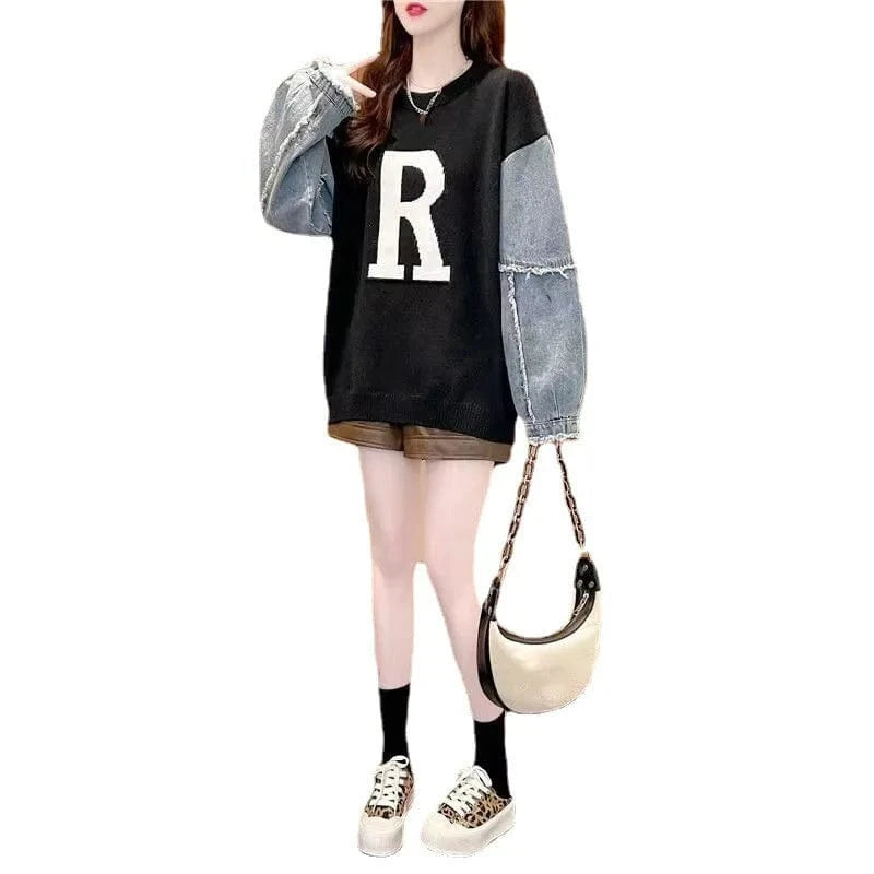 2024 Autumn/Winter best-selling high-quality girls' crew-neck loose denim sleeves English jacquard knit pullover sweater