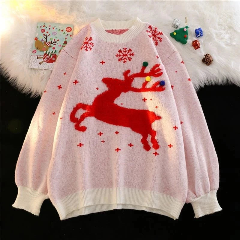 2024 Autumn winter Christmas cartoon Moose sweater women's Korean version of loose and thick round neck wear sweater top