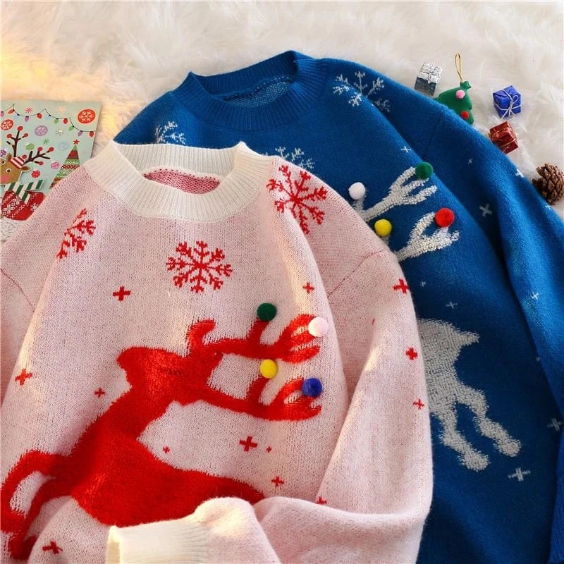 2024 Autumn winter Christmas cartoon Moose sweater women's Korean version of loose and thick round neck wear sweater top