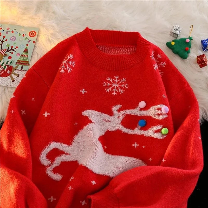 2024 Autumn winter Christmas cartoon Moose sweater women's Korean version of loose and thick round neck wear sweater top