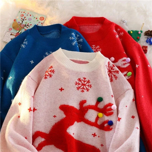 2024 Autumn winter Christmas cartoon Moose sweater women's Korean version of loose and thick round neck wear sweater top
