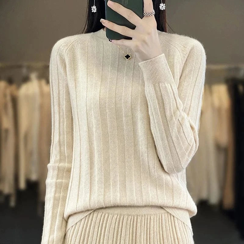 2024 autumn winter fashion lady crew neck long sleeve body fit stripe tight sweater shirt