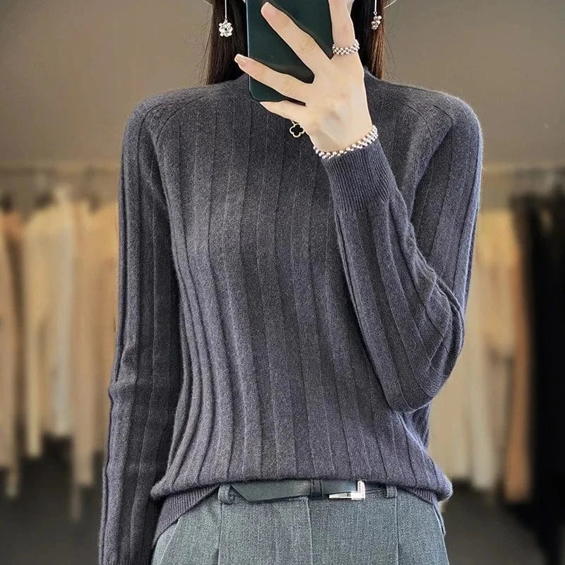 2024 autumn winter fashion lady crew neck long sleeve body fit stripe tight sweater shirt
