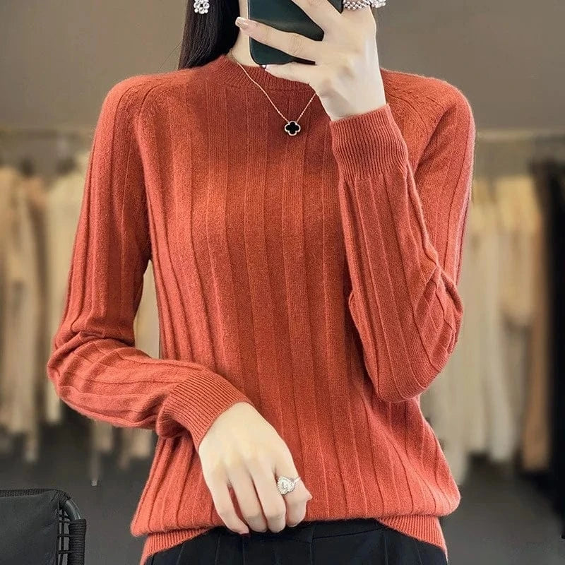 2024 autumn winter fashion lady crew neck long sleeve body fit stripe tight sweater shirt