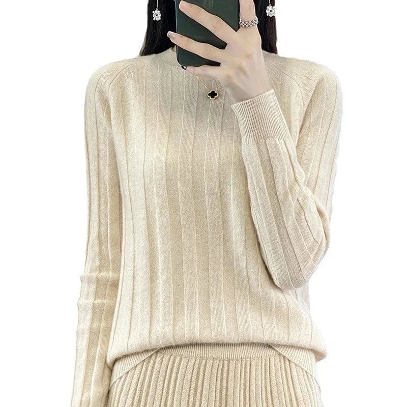 2024 autumn winter fashion lady crew neck long sleeve body fit stripe tight sweater shirt