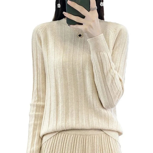 2024 autumn winter fashion lady crew neck long sleeve body fit stripe tight sweater shirt