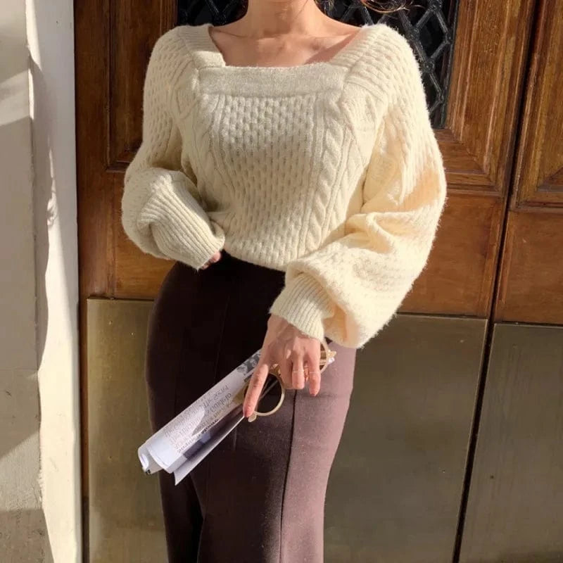 2024 Autumn/Winter fashion women's high-quality solid color square collar long sleeve solid color knitted short pullover sweater