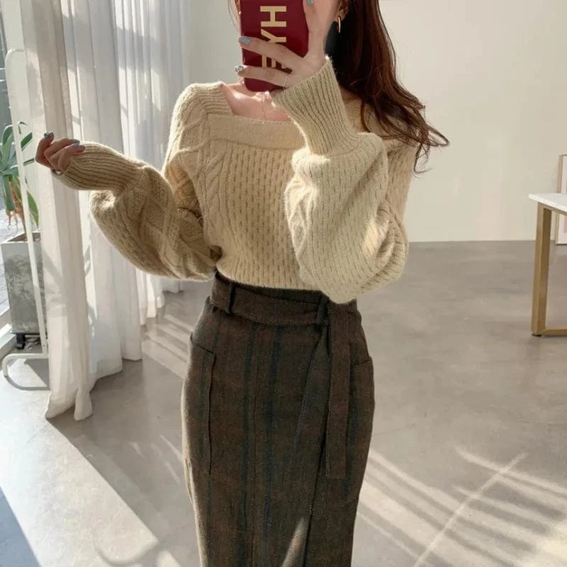 2024 Autumn/Winter fashion women's high-quality solid color square collar long sleeve solid color knitted short pullover sweater