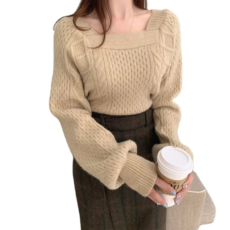 2024 Autumn/Winter fashion women's high-quality solid color square collar long sleeve solid color knitted short pullover sweater