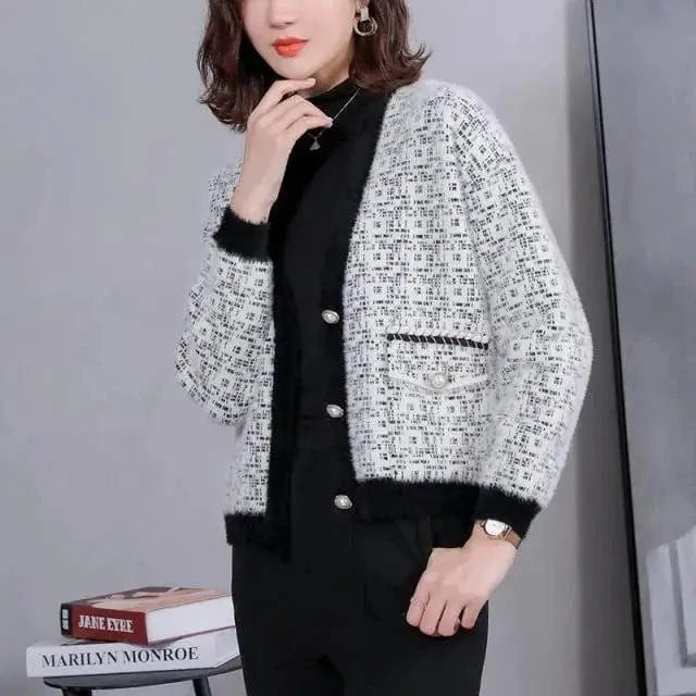 2024 autumn winter new arrival deep v neck open chest button decorative mohair sweater coat