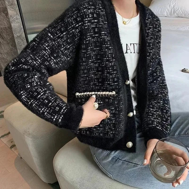 2024 autumn winter new arrival deep v neck open chest button decorative mohair sweater coat
