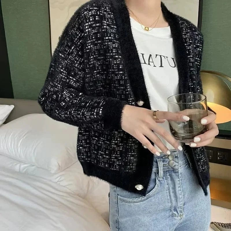 2024 autumn winter new arrival deep v neck open chest button decorative mohair sweater coat