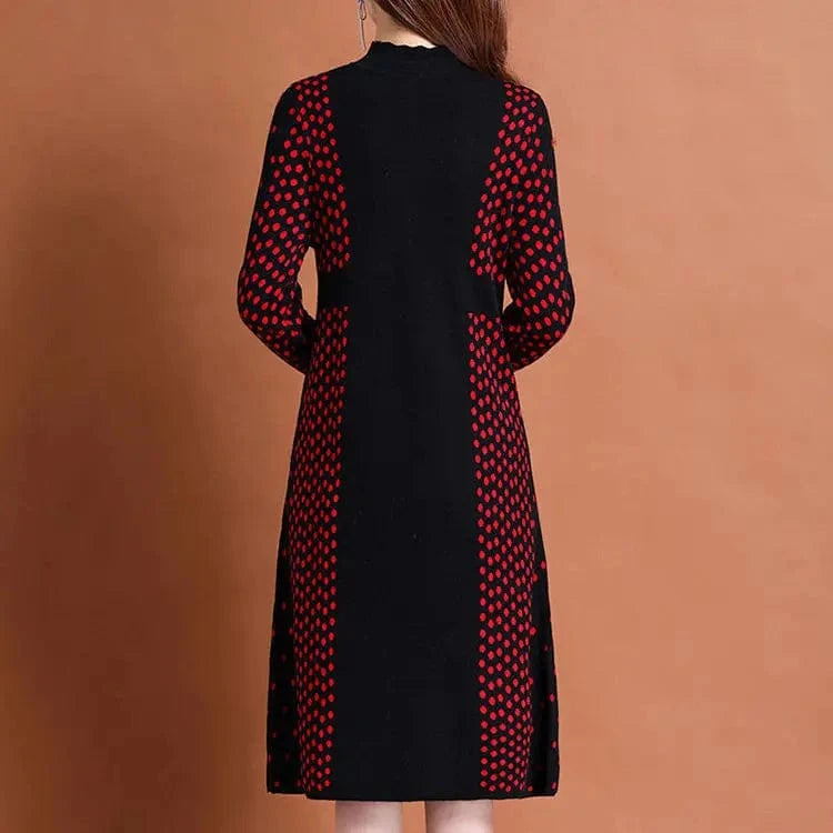 2024 autumn winter new arrival fashion lady mock collar long sleeve body fit patchwork dot print women sweater dress