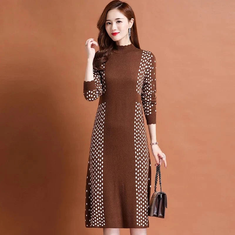 2024 autumn winter new arrival fashion lady mock collar long sleeve body fit patchwork dot print women sweater dress