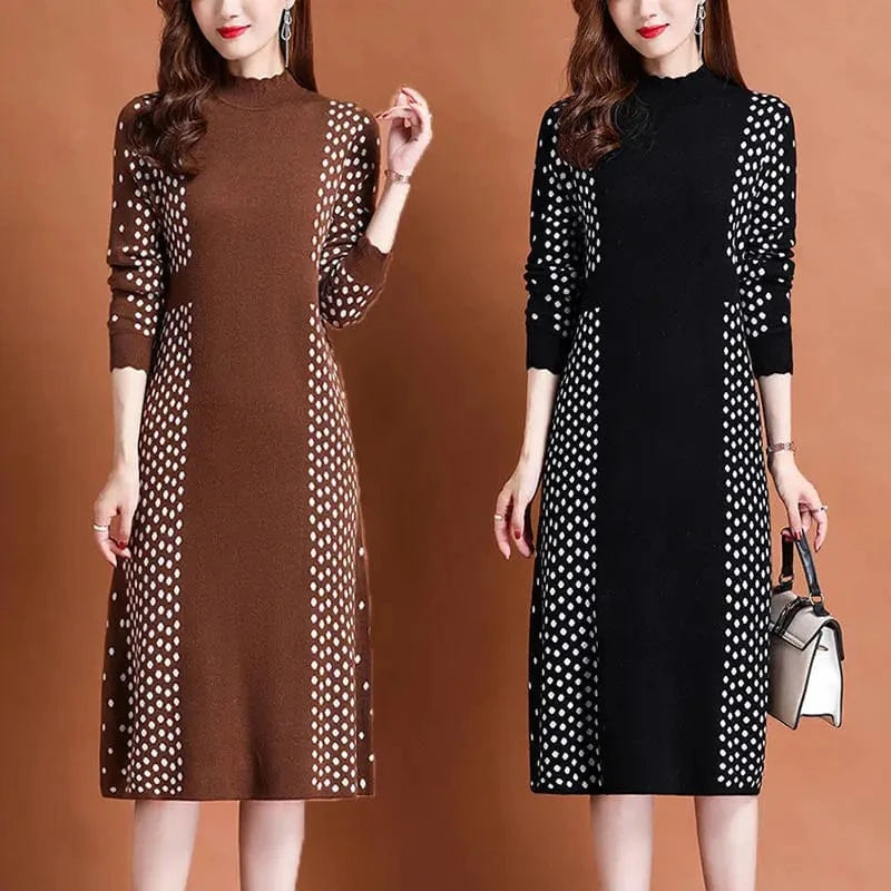 2024 autumn winter new arrival fashion lady mock collar long sleeve body fit patchwork dot print women sweater dress