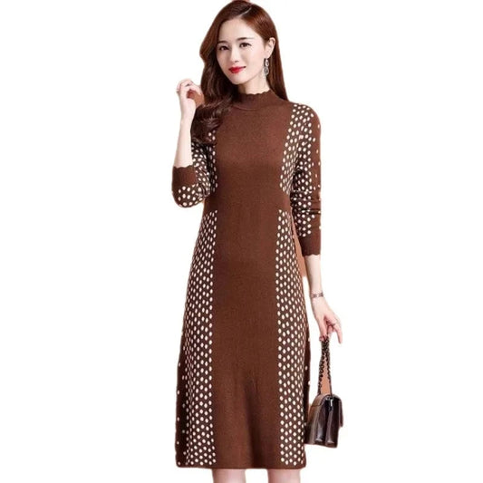 2024 autumn winter new arrival fashion lady mock collar long sleeve body fit patchwork dot print women sweater dress