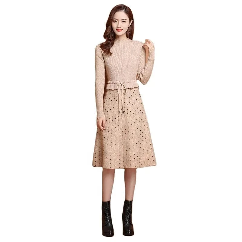 2024 autumn winter new arrival fashion women high neck long sleeve slim fit collect waist soft women sweater dress