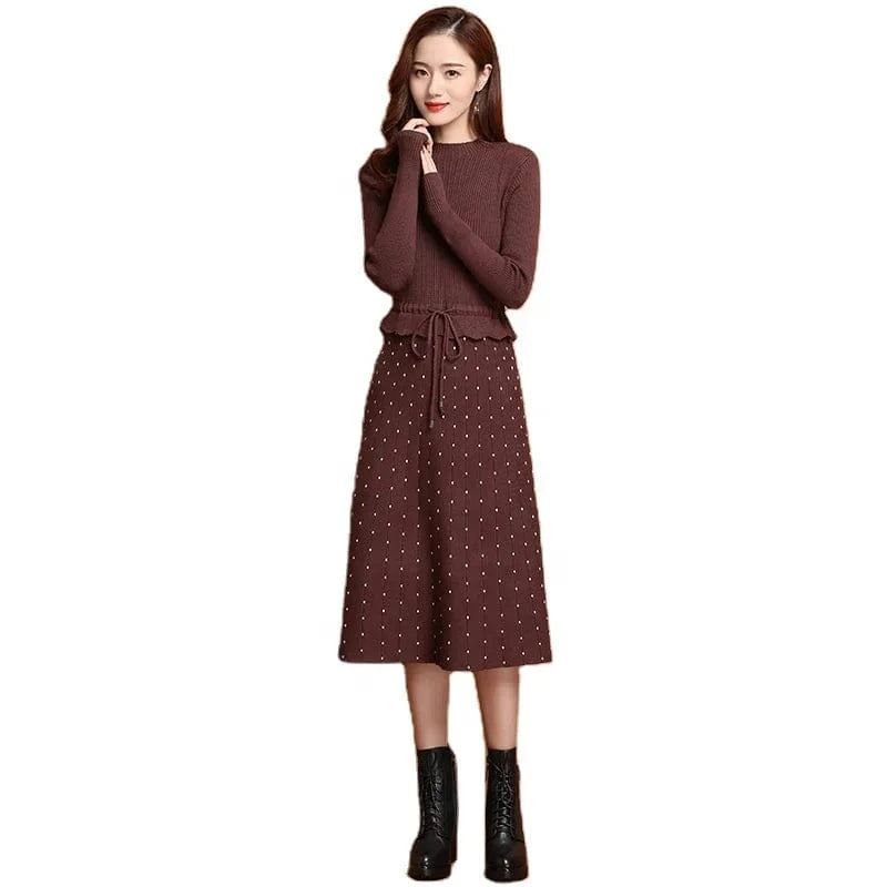 2024 autumn winter new arrival fashion women high neck long sleeve slim fit collect waist soft women sweater dress