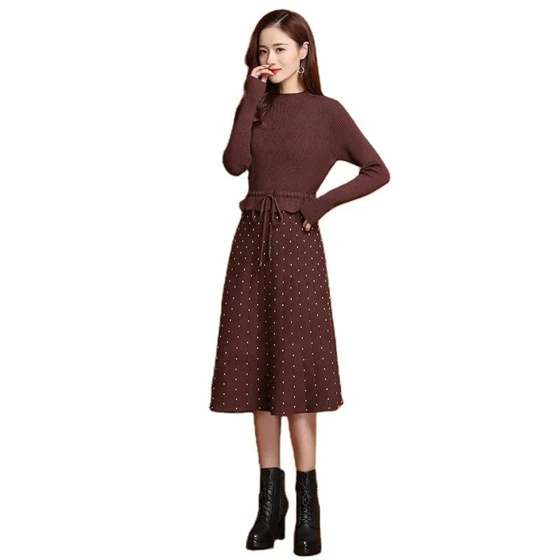 2024 autumn winter new arrival fashion women high neck long sleeve slim fit collect waist soft women sweater dress