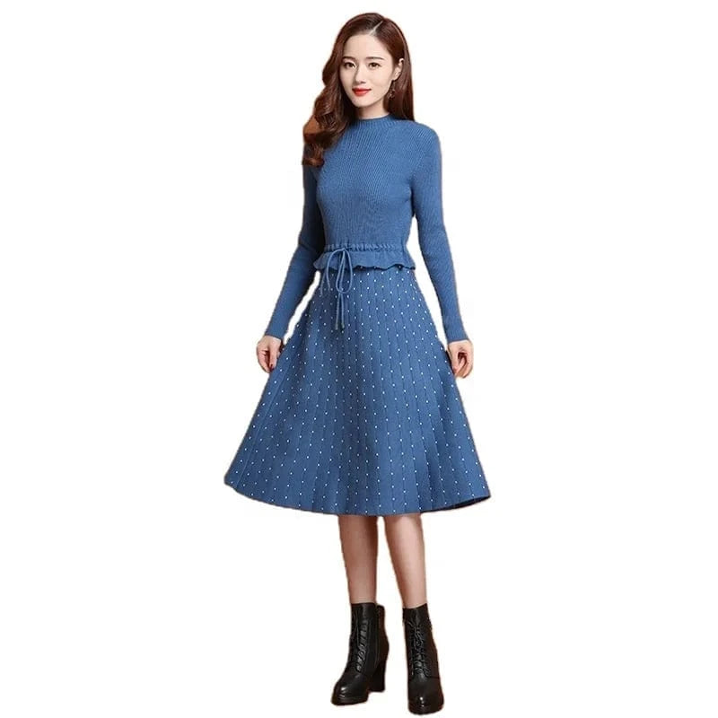2024 autumn winter new arrival fashion women high neck long sleeve slim fit collect waist soft women sweater dress