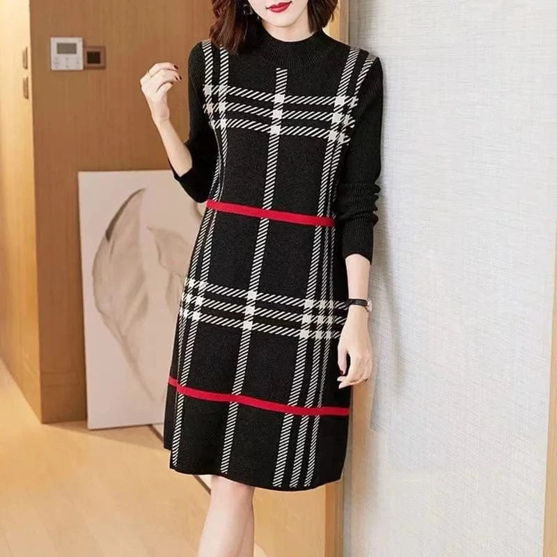 2024 autumn/Winter new arrivals best-selling women's crew-neck long-sleeved plaid printed high-quality sweater dress