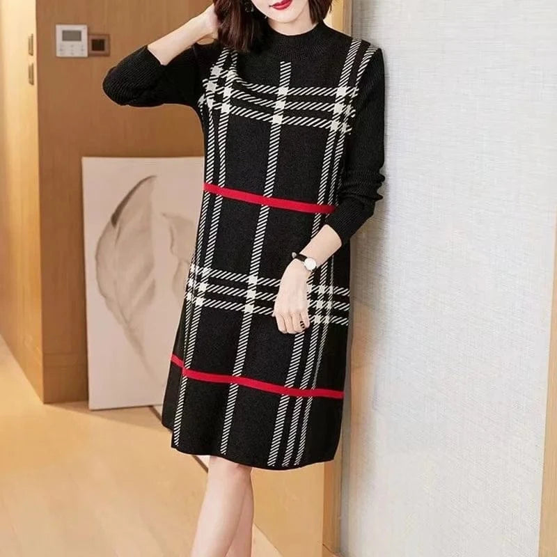 2024 autumn/Winter new arrivals best-selling women's crew-neck long-sleeved plaid printed high-quality sweater dress