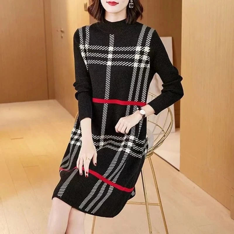 2024 autumn/Winter new arrivals best-selling women's crew-neck long-sleeved plaid printed high-quality sweater dress