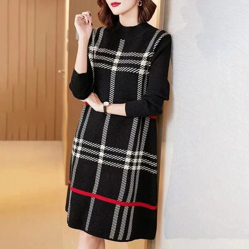 2024 autumn/Winter new arrivals best-selling women's crew-neck long-sleeved plaid printed high-quality sweater dress