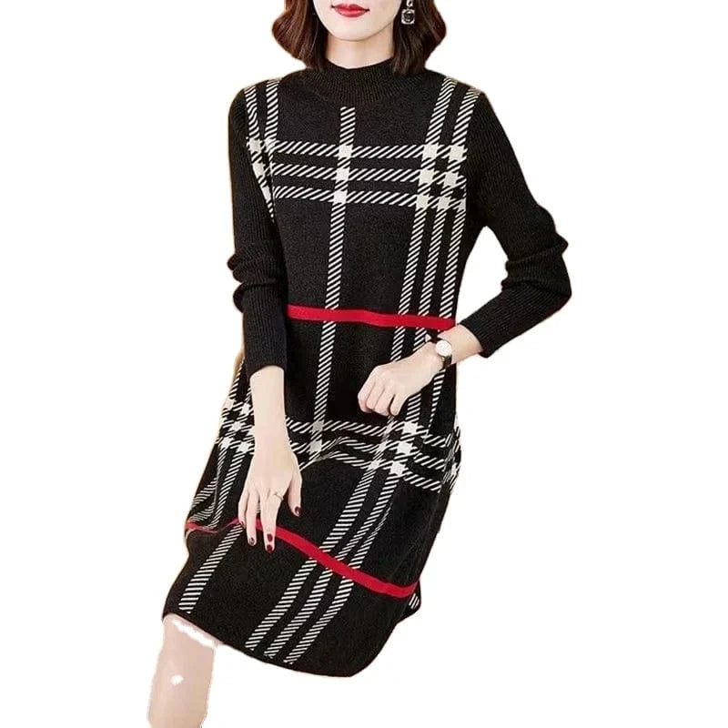 2024 autumn/Winter new arrivals best-selling women's crew-neck long-sleeved plaid printed high-quality sweater dress