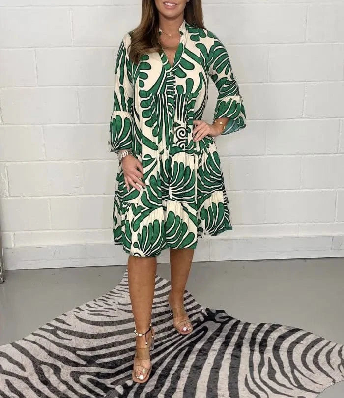 2024 Autumn/Winter New Women's V Neck Printed Loose Casual Dress