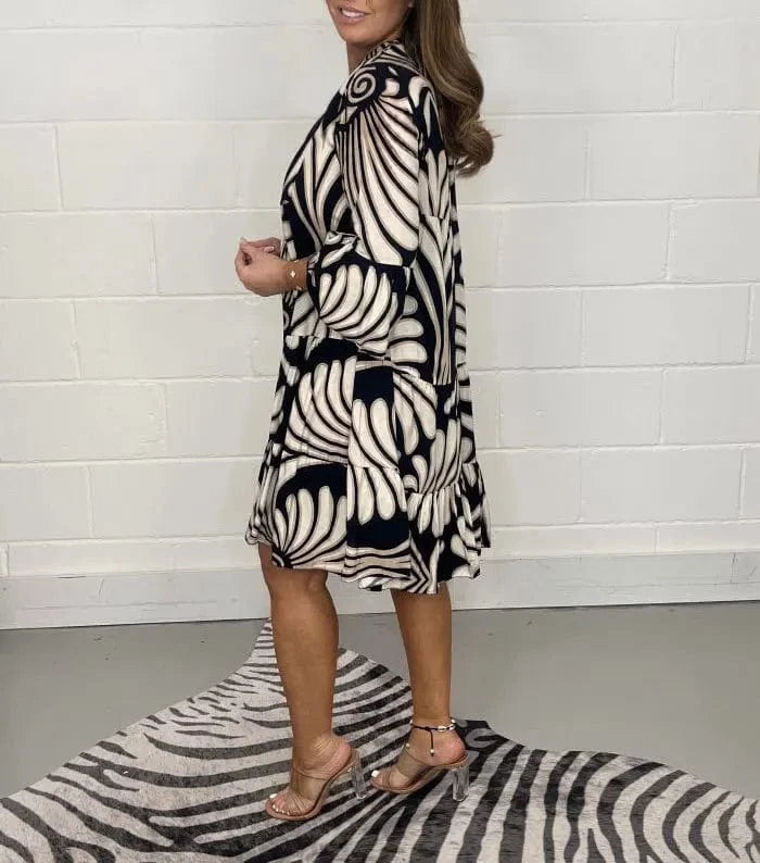 2024 Autumn/Winter New Women's V Neck Printed Loose Casual Dress