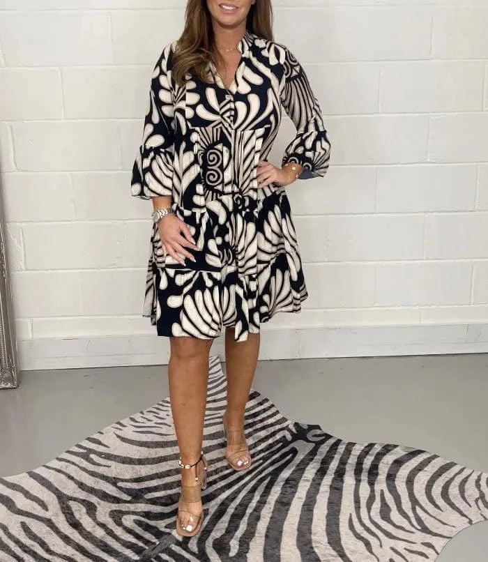 2024 Autumn/Winter New Women's V Neck Printed Loose Casual Dress