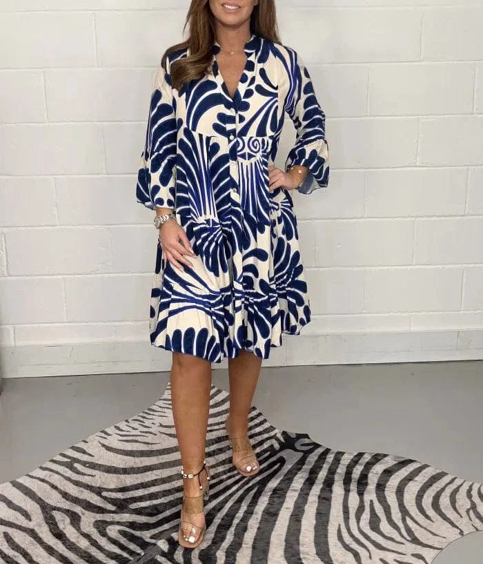 2024 Autumn/Winter New Women's V Neck Printed Loose Casual Dress