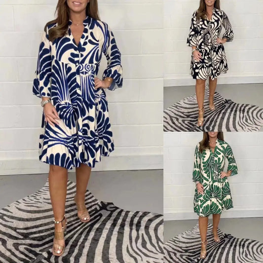 2024 Autumn/Winter New Women's V Neck Printed Loose Casual Dress