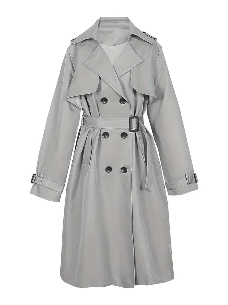 2024 Autumn Winter Solid Color Trench Coat Double Row Button Design Waist Lapel Simple Style for Lengthening
