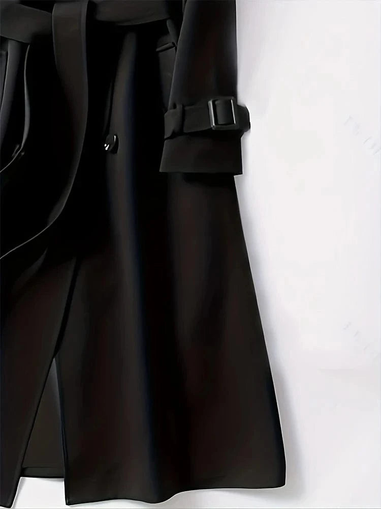 2024 Autumn Winter Solid Color Trench Coat Double Row Button Design Waist Lapel Simple Style for Lengthening