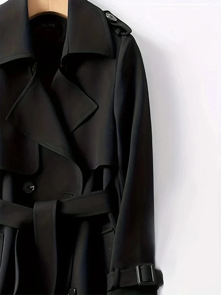 2024 Autumn Winter Solid Color Trench Coat Double Row Button Design Waist Lapel Simple Style for Lengthening