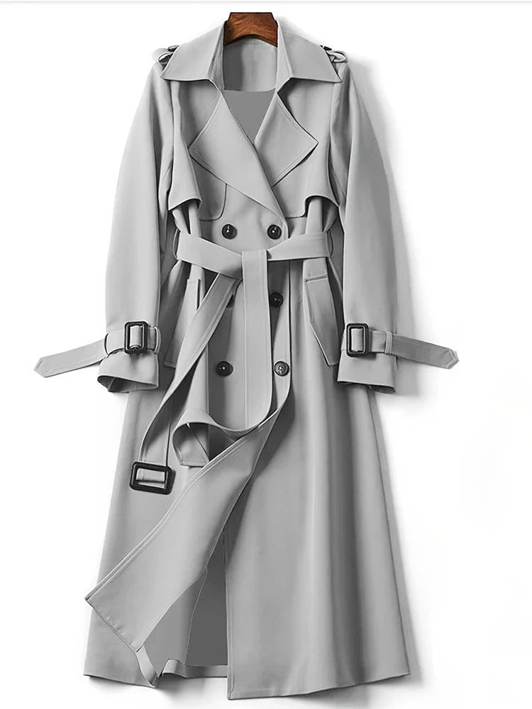 2024 Autumn Winter Solid Color Trench Coat Double Row Button Design Waist Lapel Simple Style for Lengthening
