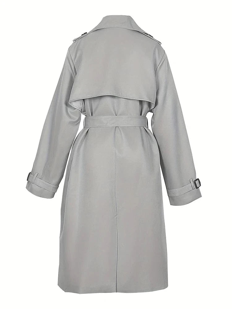 2024 Autumn Winter Solid Color Trench Coat Double Row Button Design Waist Lapel Simple Style for Lengthening