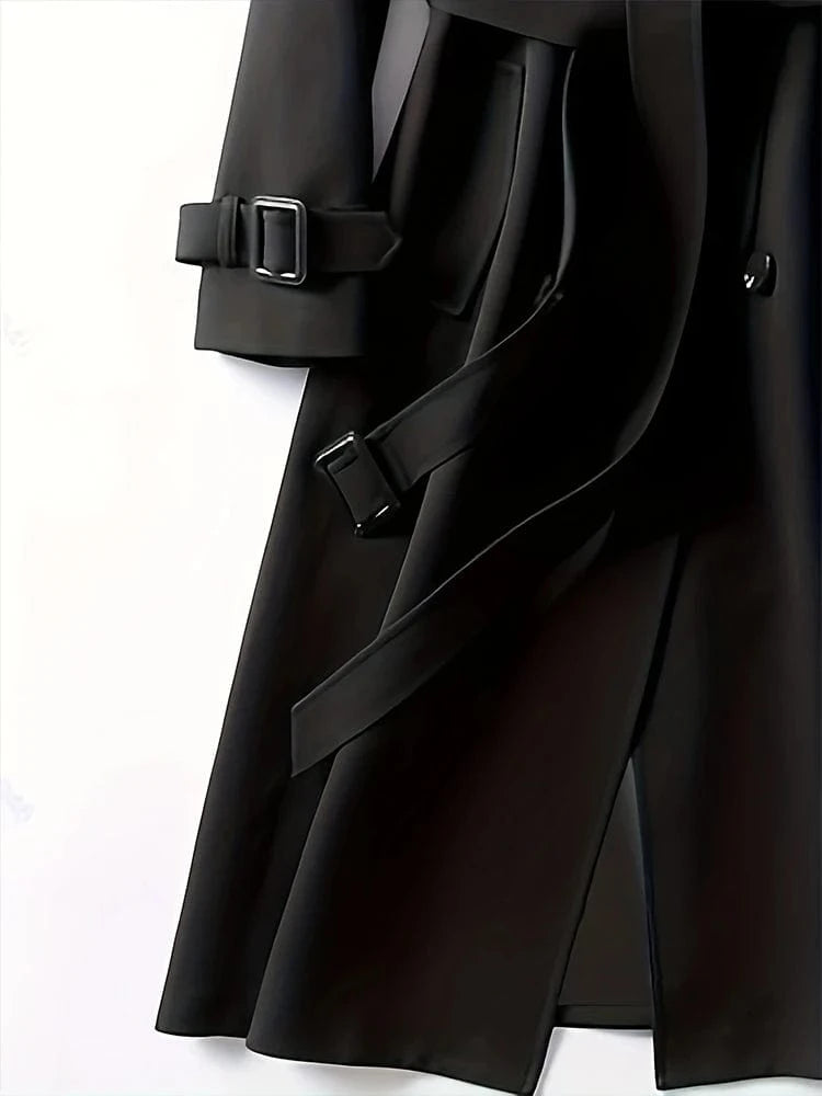 2024 Autumn Winter Solid Color Trench Coat Double Row Button Design Waist Lapel Simple Style for Lengthening