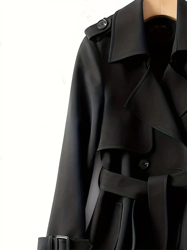 2024 Autumn Winter Solid Color Trench Coat Double Row Button Design Waist Lapel Simple Style for Lengthening