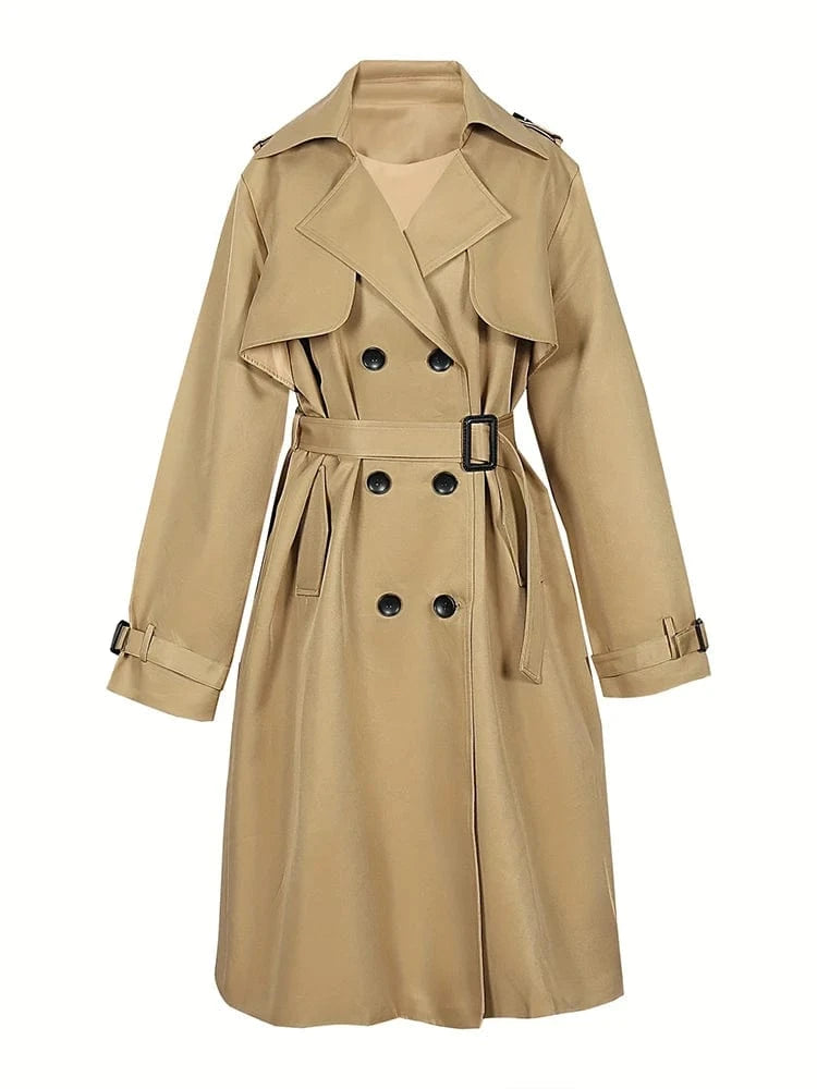 2024 Autumn Winter Solid Color Trench Coat Double Row Button Design Waist Lapel Simple Style for Lengthening