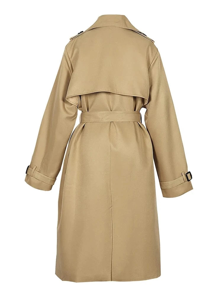 2024 Autumn Winter Solid Color Trench Coat Double Row Button Design Waist Lapel Simple Style for Lengthening