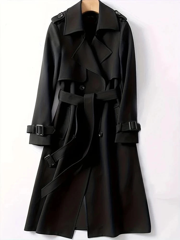 2024 Autumn Winter Solid Color Trench Coat Double Row Button Design Waist Lapel Simple Style for Lengthening