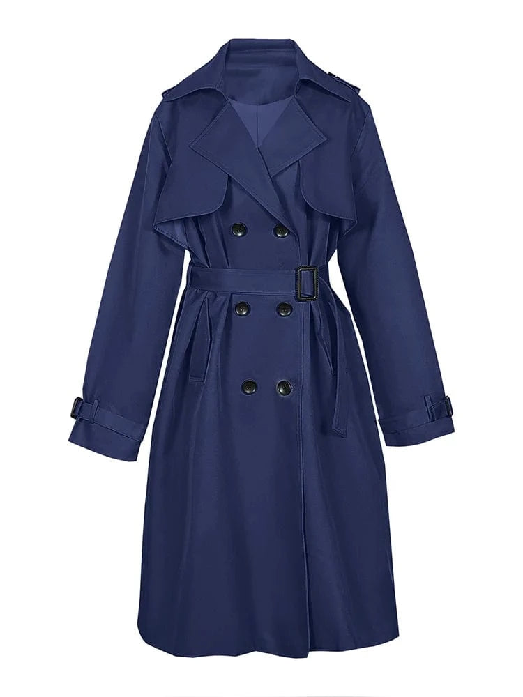2024 Autumn Winter Solid Color Trench Coat Double Row Button Design Waist Lapel Simple Style for Lengthening