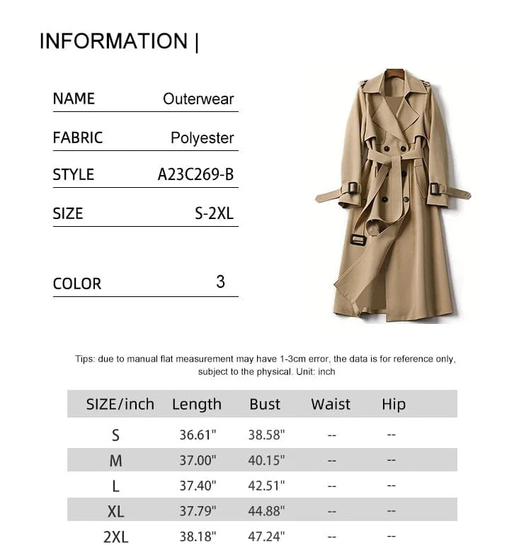 2024 Autumn Winter Solid Color Trench Coat Double Row Button Design Waist Lapel Simple Style for Lengthening