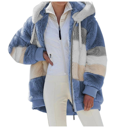 2024 autumn/winter warm plush patchwork zippered pocket Hooded loose coat for women