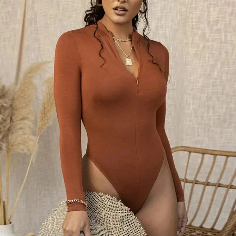 2024 Autumn winter Woman Zipper Up Solid Sexy  Long Sleeve Bodysuits